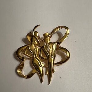 Signed JJ Jonette Jewelry Art Deco Classy Couple Gold Tone Brooch Pin Vintage 